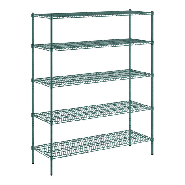 A green metal Regency wire shelving unit with 5 shelves.