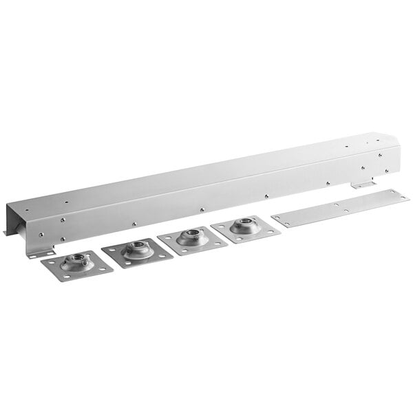 A white metal rectangular shelf with two screws and four holes.