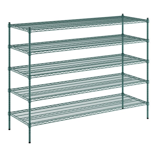 A Regency green epoxy wire shelving unit with five shelves.