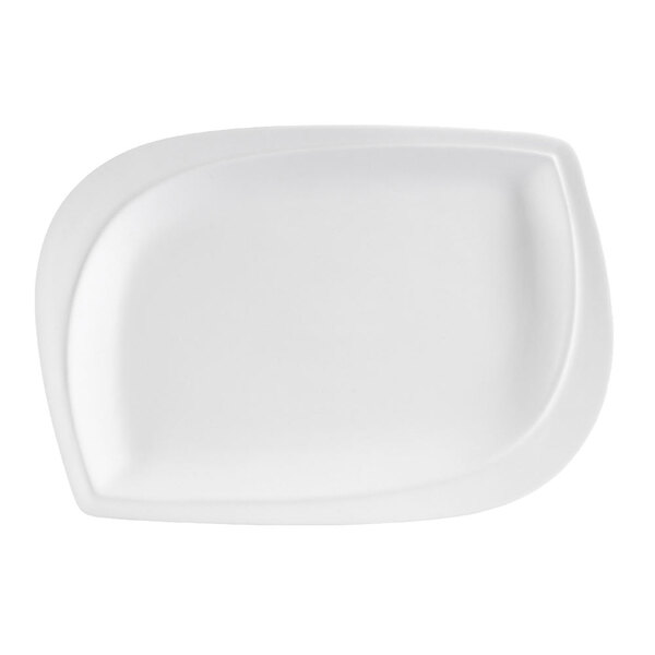 A CAC Aspen Tree Bone White porcelain platter with a curved edge on a white background.