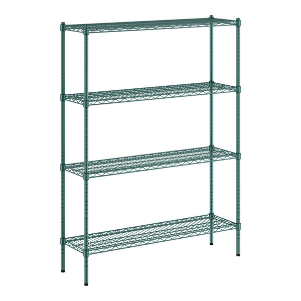 A green wire shelving unit with four shelves on 64" posts.