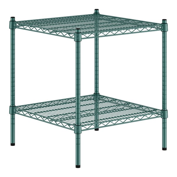 A green metal wire shelving kit with two shelves.