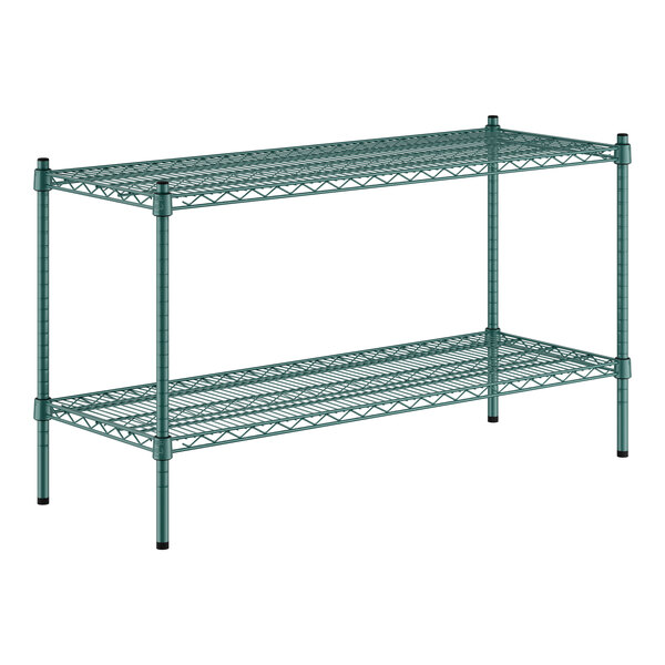 A green metal wire shelf kit with two shelves.