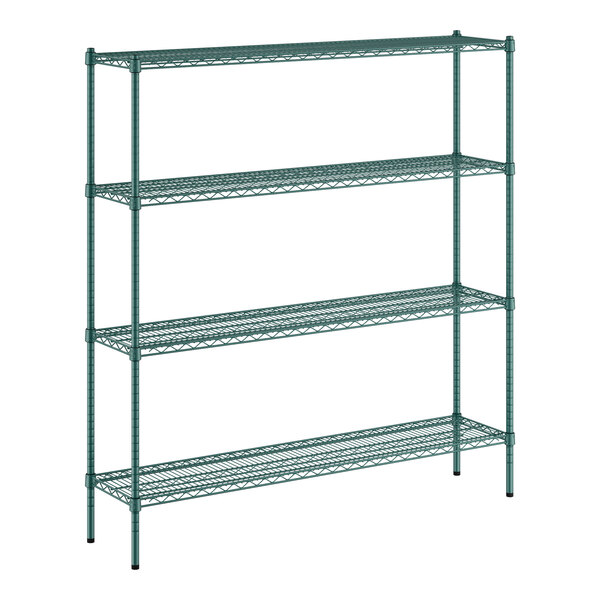 A green metal wire shelving unit with 4 shelves and 64" posts.