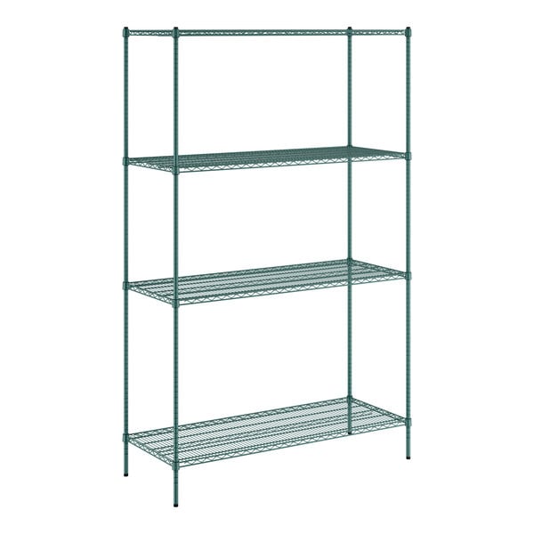 A green Regency wire shelving unit with four shelves.