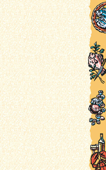 Menu paper with a white background and a yellow border with a seafood-themed design including shells.