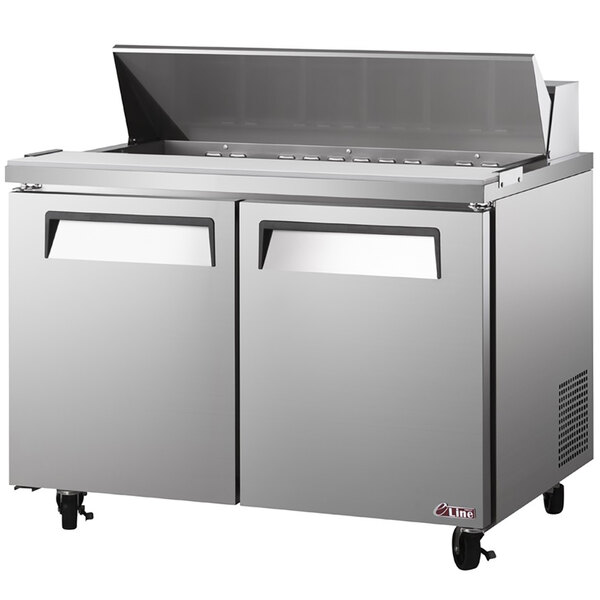 A large stainless steel Turbo Air refrigerated sandwich prep table with two doors.