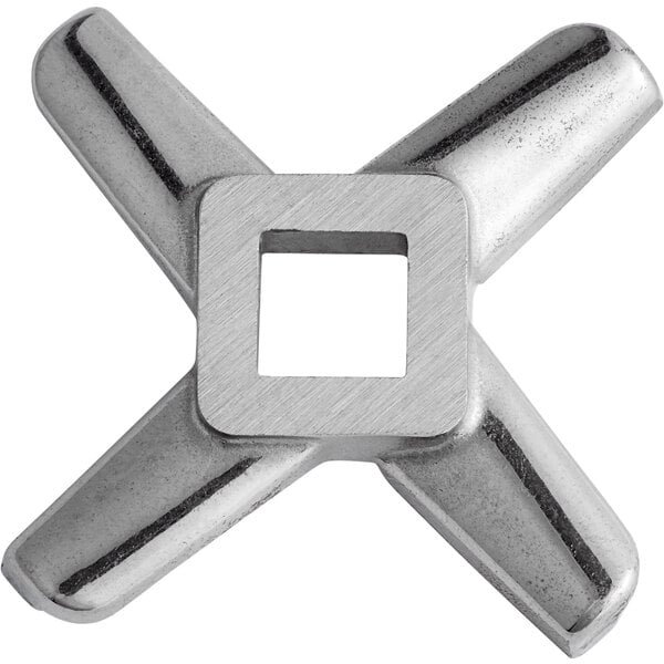 A silver stainless steel #22 cross grinder knife with a square hole and four smaller holes.