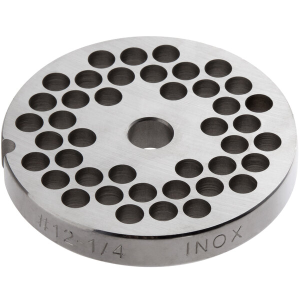 A stainless steel flat grinder plate with circular holes.