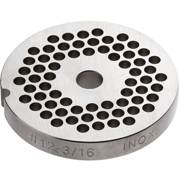 A #12 stainless steel flat grinder plate with circular holes.