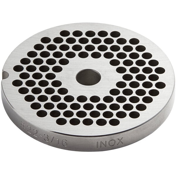 A stainless steel flat grinder plate with circular holes.