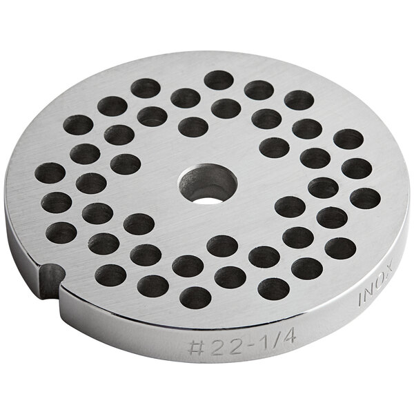 A Backyard Pro stainless steel flat grinder plate with 1/4" holes.