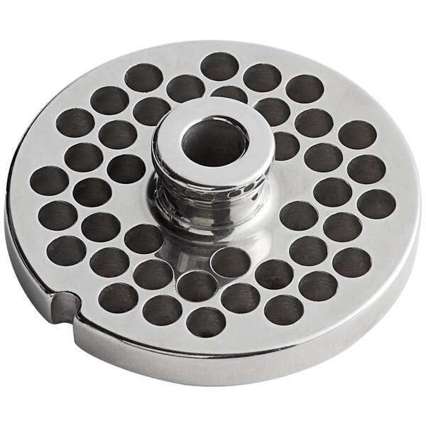 A silver circular stainless steel #12 Hub Grinder Plate with holes.