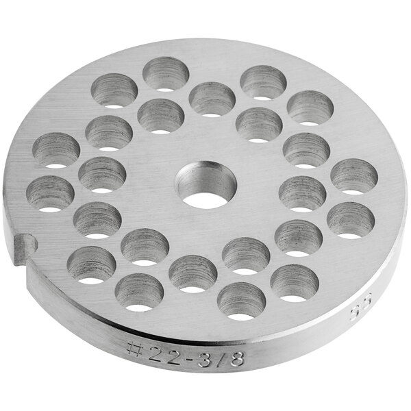 A stainless steel Avantco grinder plate with holes in it.