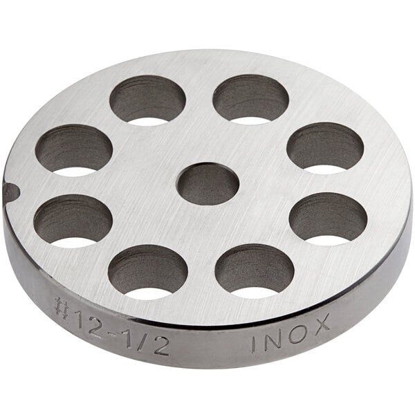 An Avantco stainless steel grinder plate with 1/2" holes.