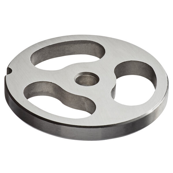 A stainless steel circular metal plate with holes.