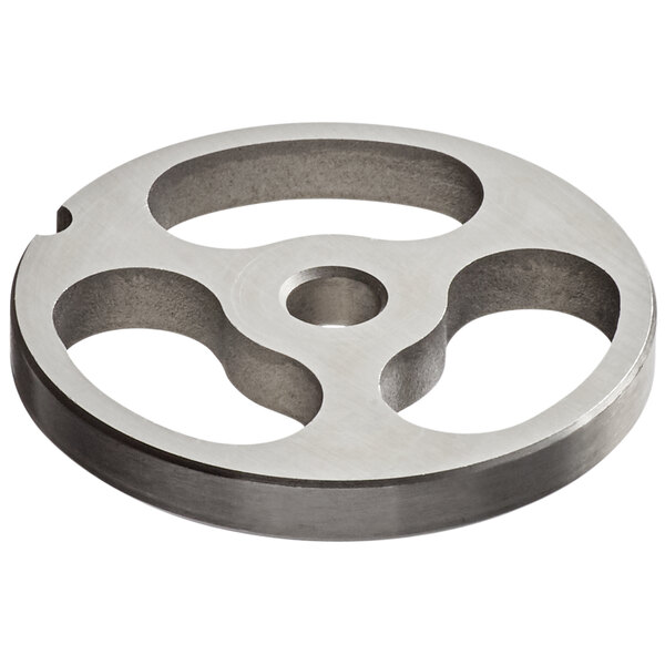 A circular stainless steel metal plate with holes.