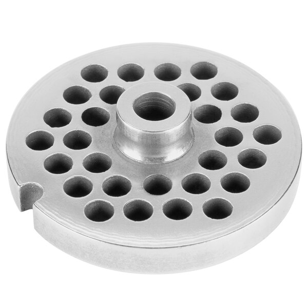 A silver circular #22 stainless steel hub grinder plate with holes.