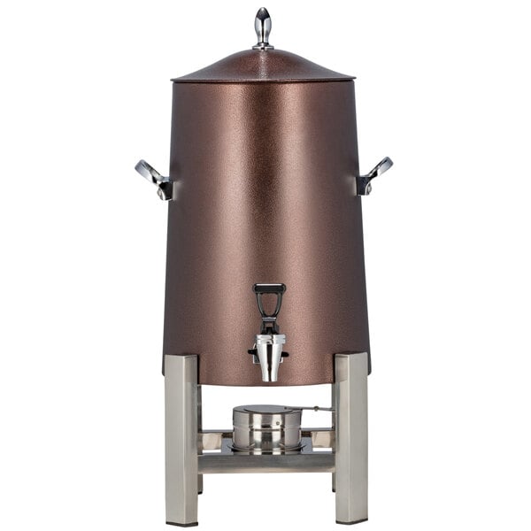 A Bon Chef stainless steel coffee chafer urn with a copper lid.