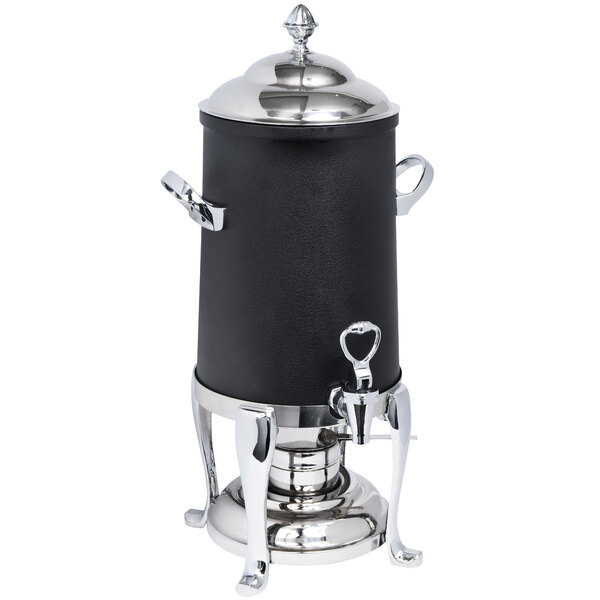 An Eastern Tabletop black and silver stainless steel coffee urn with a lid.