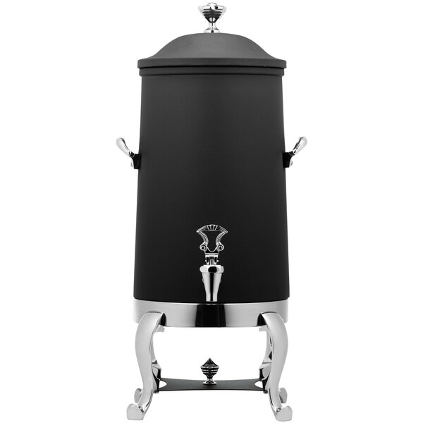 A black stainless steel Bon Chef coffee chafer urn with brass trim.