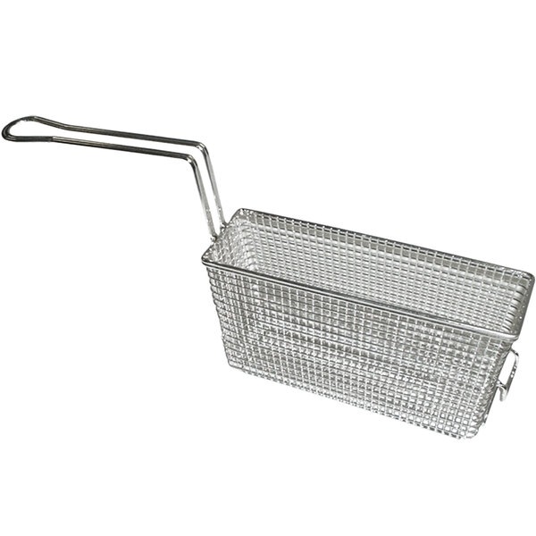 An APW Wyott metal half size fryer basket with a handle.