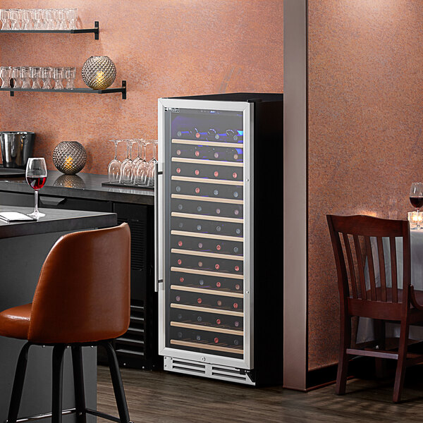 An AvaValley commercial wine cooler with a full glass door filled with wine bottles.