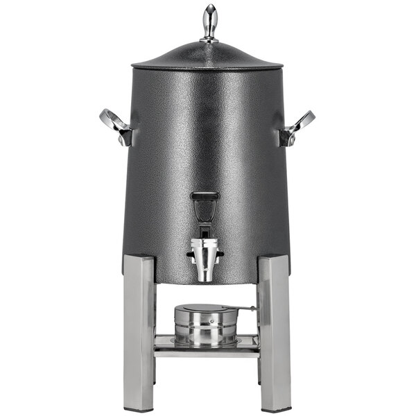A Bon Chef stainless steel coffee chafer urn with a black and silver metal lid.
