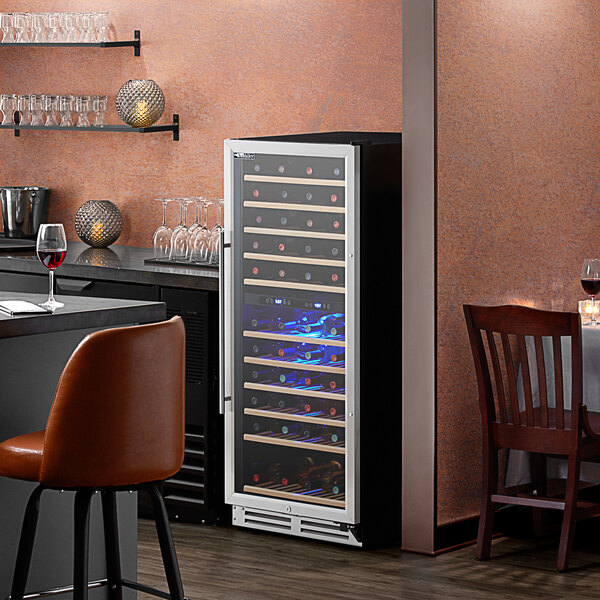 An AvaValley commercial wine cooler with full glass doors filled with wine bottles.