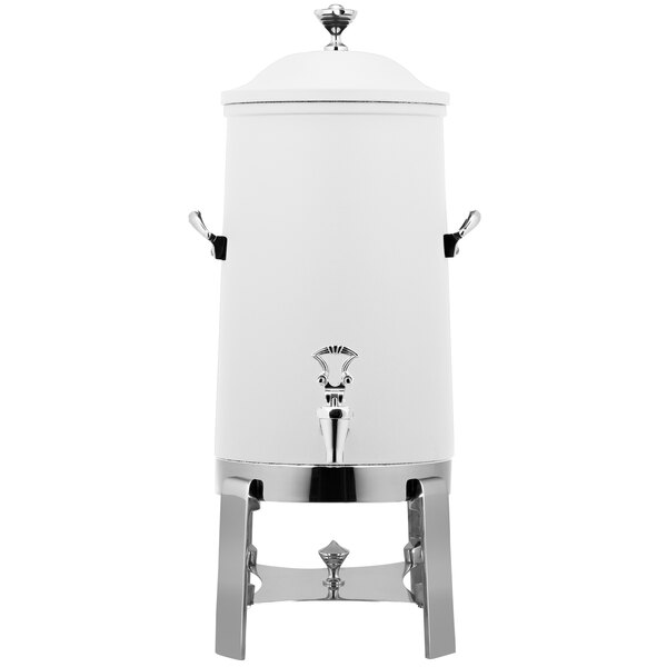 A white Bon Chef coffee chafer urn with a white lid on a stand.