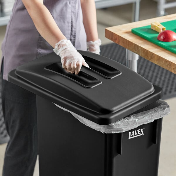 Lavex Black Slim Rectangular Trash Can Flat Lid with Handle