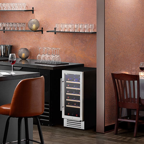 A wine rack with wine bottles stored in an AvaValley commercial wine cooler.