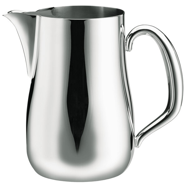 A silver stainless steel Walco Soprano pitcher with a handle.