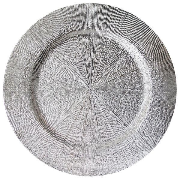 A set of 12 silver plastic charger plates with a circular pattern.