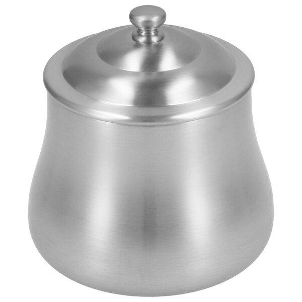 A stainless steel Walco sugar bowl with lid.