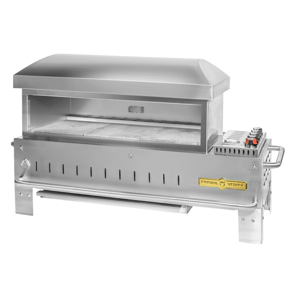 A stainless steel rectangular Crown Verity table top pizza oven with a lid.