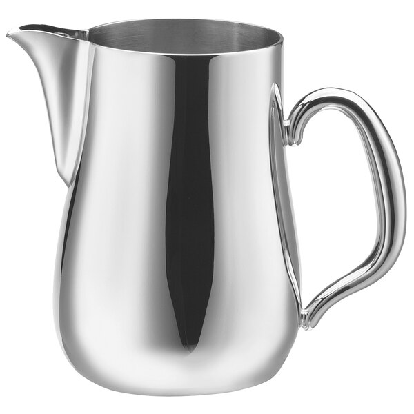 A Walco stainless steel creamer pitcher with a handle.