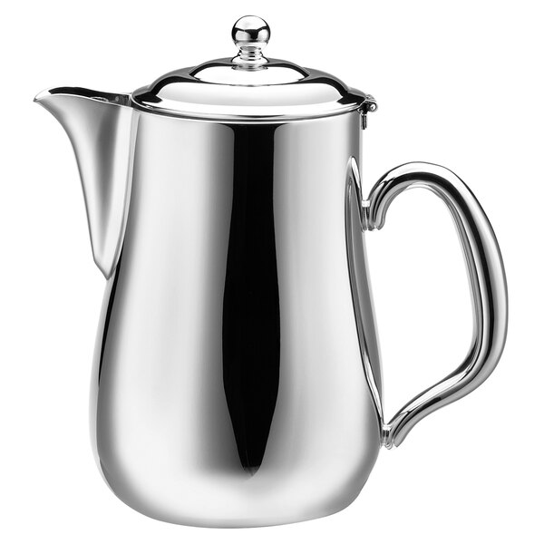 A stainless steel Walco Soprano creamer with a lid.