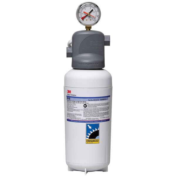 A white 3M water filtration system for cold beverages with a gauge on it.