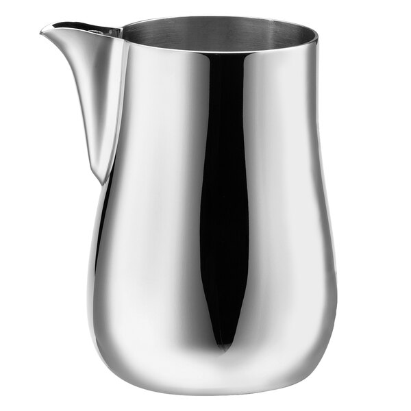 A silver stainless steel Walco Soprano creamer pitcher with a spout.