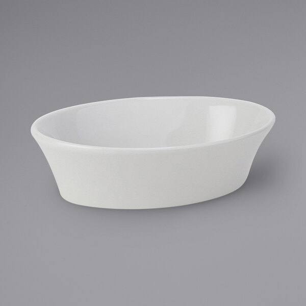 A white oval bowl on a white background.