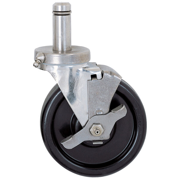 A Metro high temperature nylon stem caster with a metal and black wheel and black handle.