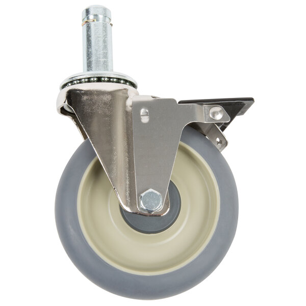 A MetroMax iQ swivel caster with a metal wheel and metal bracket.