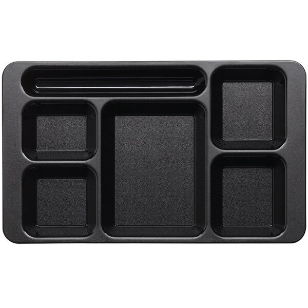 A black Cambro serving tray with six compartments.