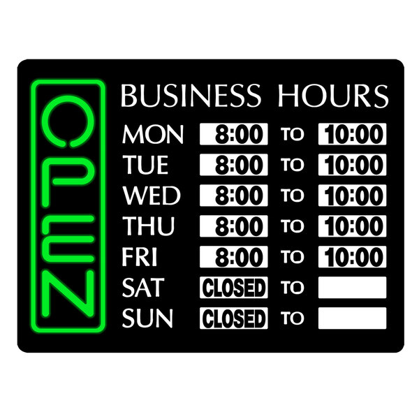 A black LED sign with white text that reads "Open Business Hours" lit up in green.