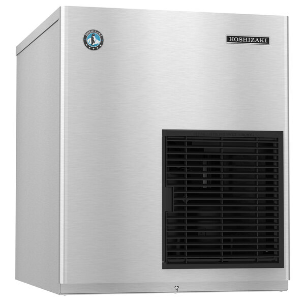 A stainless steel Hoshizaki water cooled rectangular ice machine with a black vent.