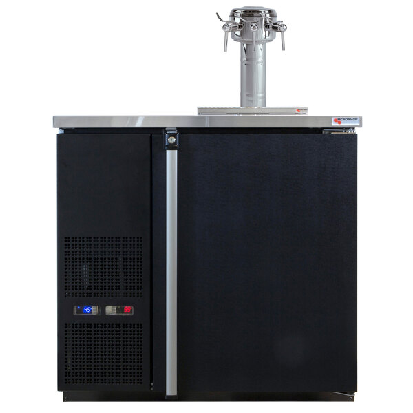 A black Micro Matic dual zone wine dispenser with a stainless steel top and sommelier font.