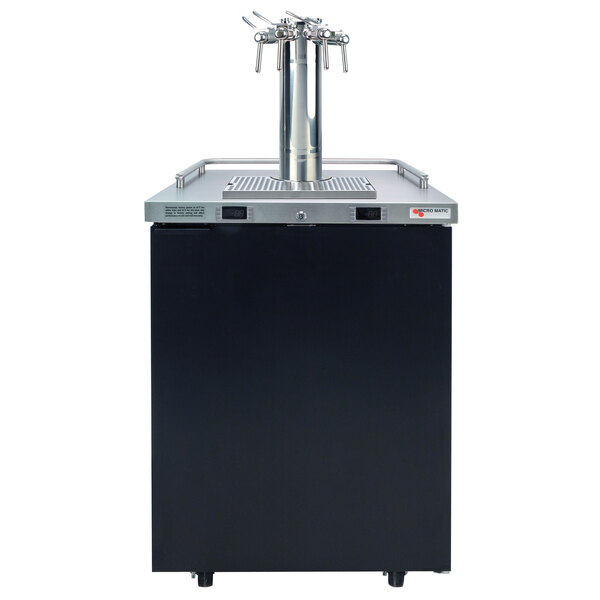 A black Micro Matic wine dispenser with a silver faucet font.