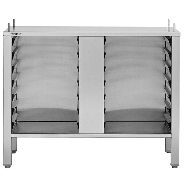 A stainless steel Convotherm equipment stand with shelves and doors.