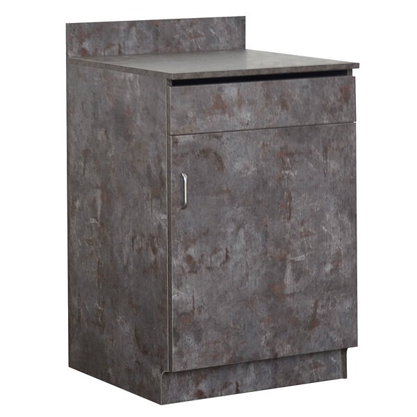 A BFM Seating Relic Rustic Copper waitress station cabinet with a door.